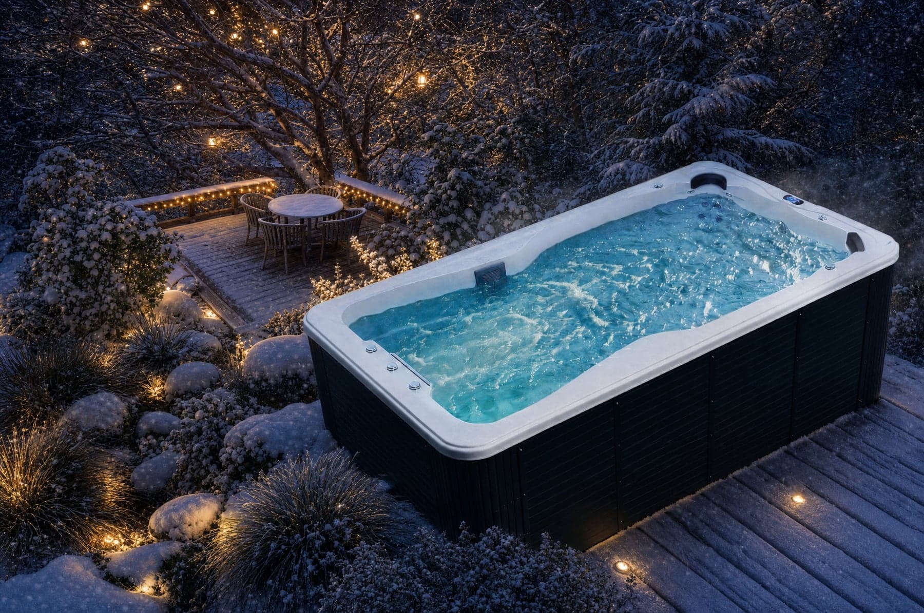 Swim spa Mollus Canadian Spa zimą — śnieg wokół i para nad wodą