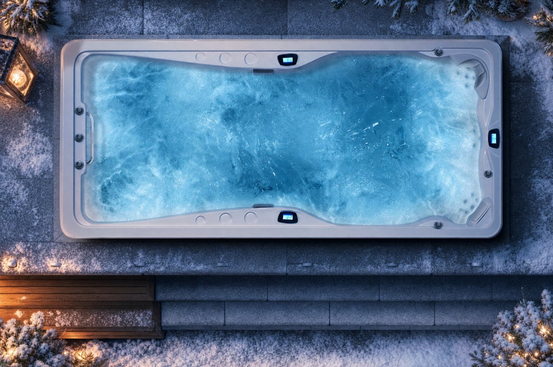 Swim spa Mollus XXL Canadian Spa zimą — śnieg wokół i para nad wodą