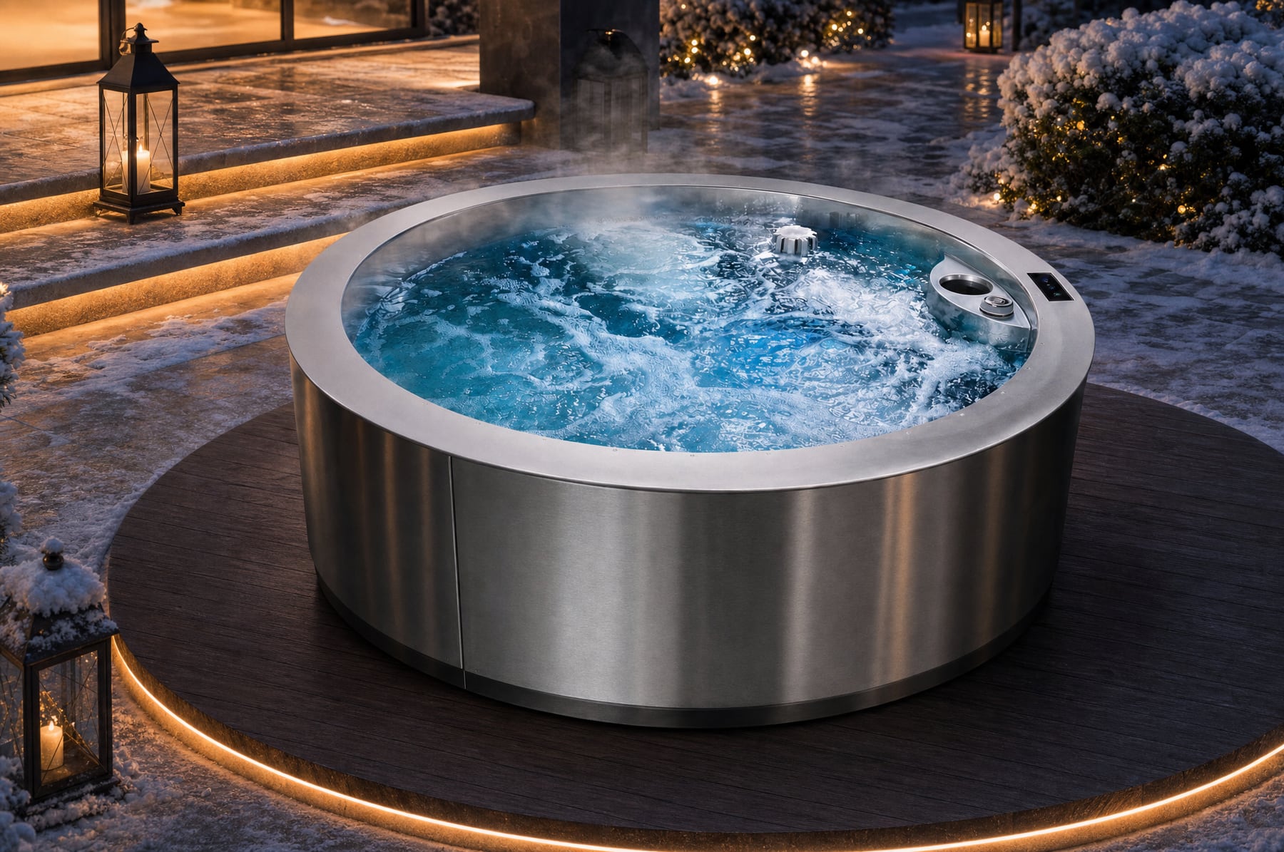 Wanna SPA Circle Canadian Spa zimą — śnieg wokół i para nad wodą