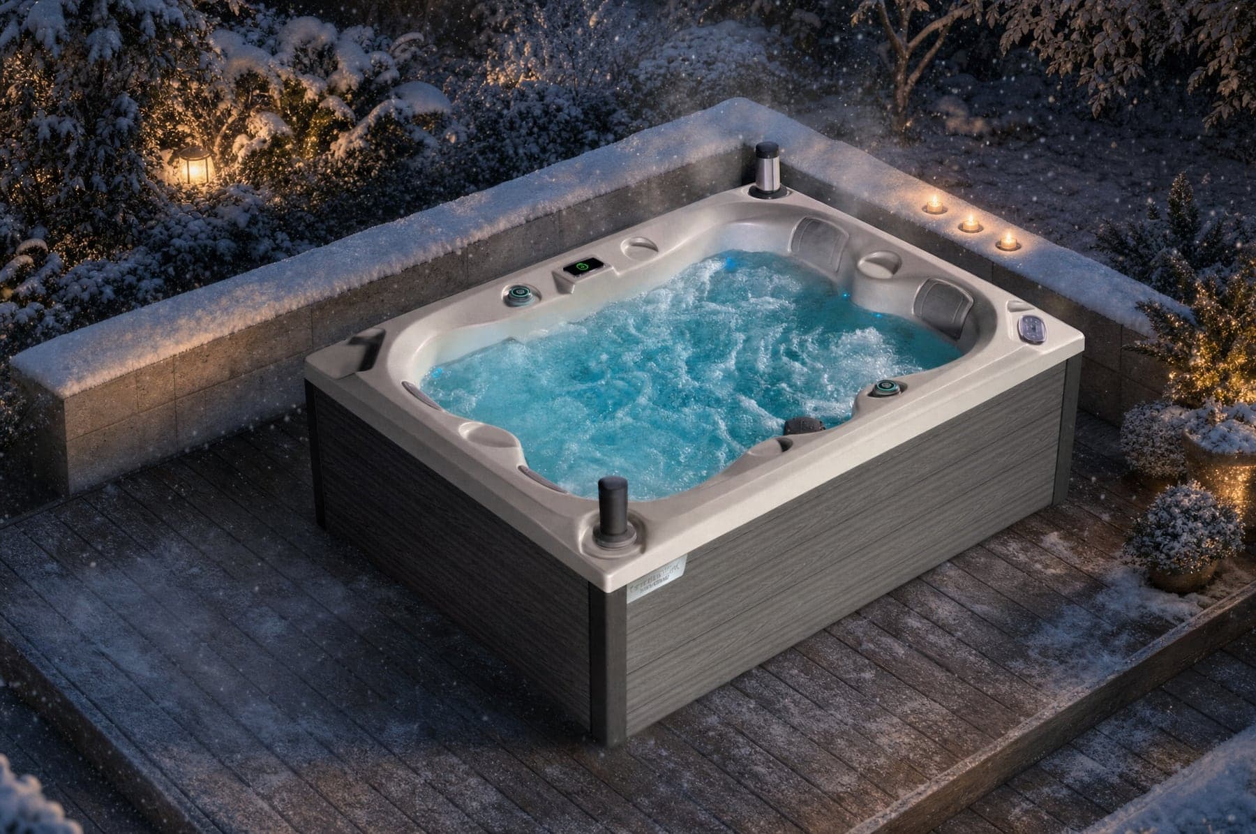 Wanna SPA Clawn 2by4 Canadian Spa zimą — śnieg wokół i para nad wodą