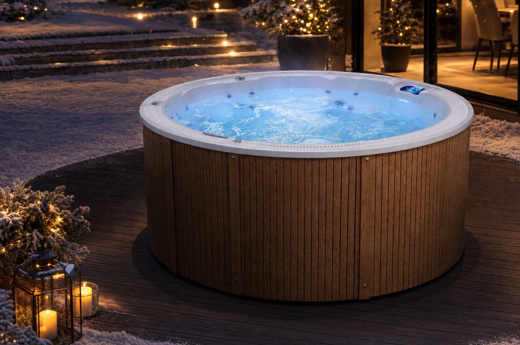Wanna SPA Enna Canadian Spa zimą — śnieg wokół i para nad wodą