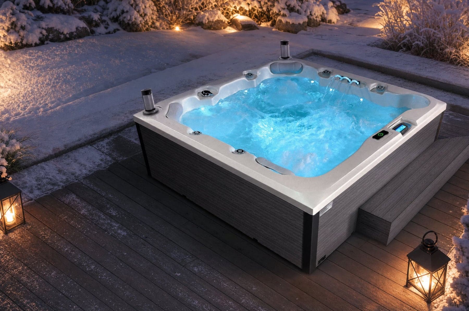 Wanna SPA Canadian Spa Gigas Grande na tarasie w śniegu, podświetlona woda, zimowy wieczór