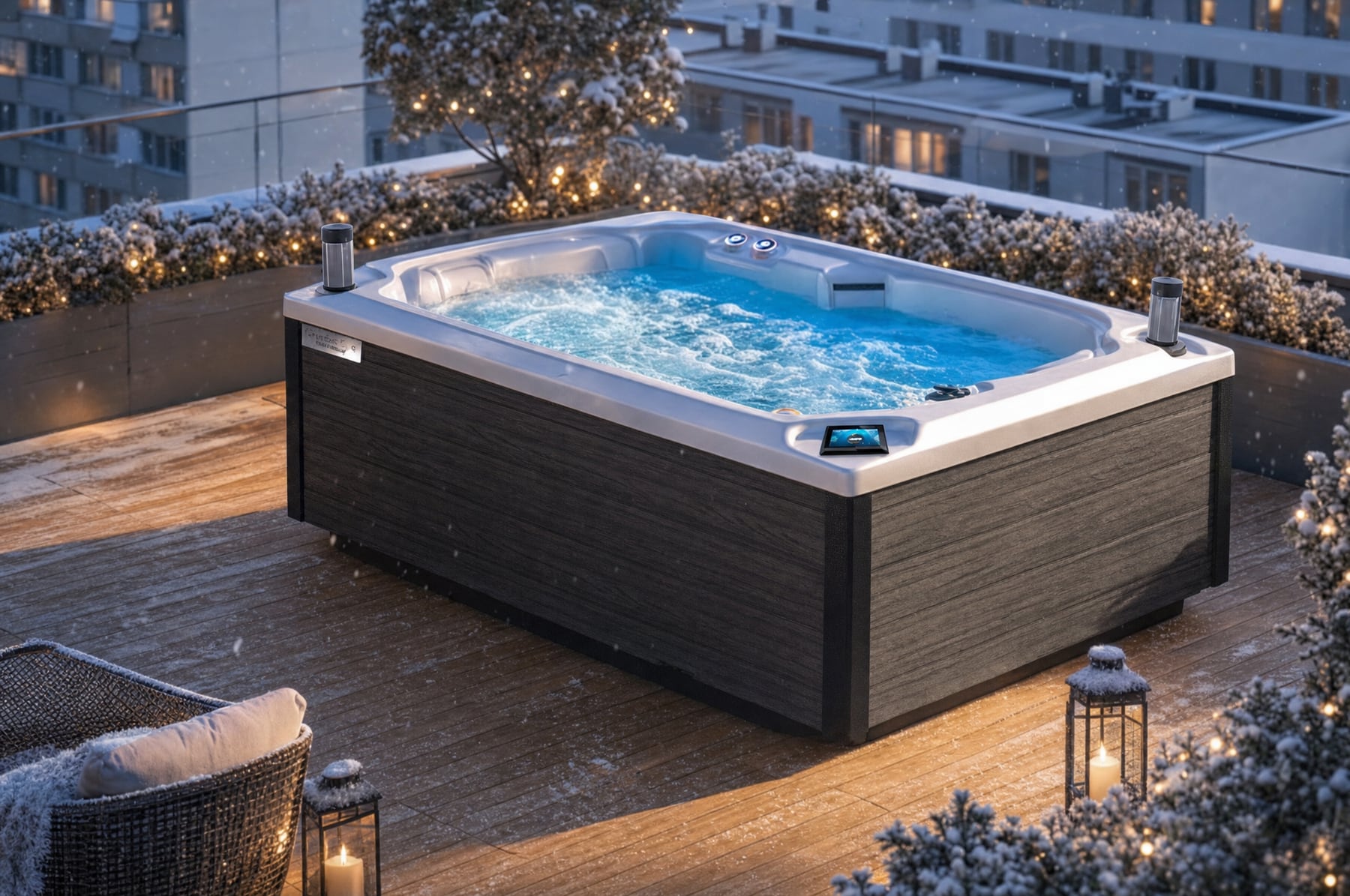 Wanna SPA Lara Smart Canadian Spa zimą — śnieg wokół i para nad wodą