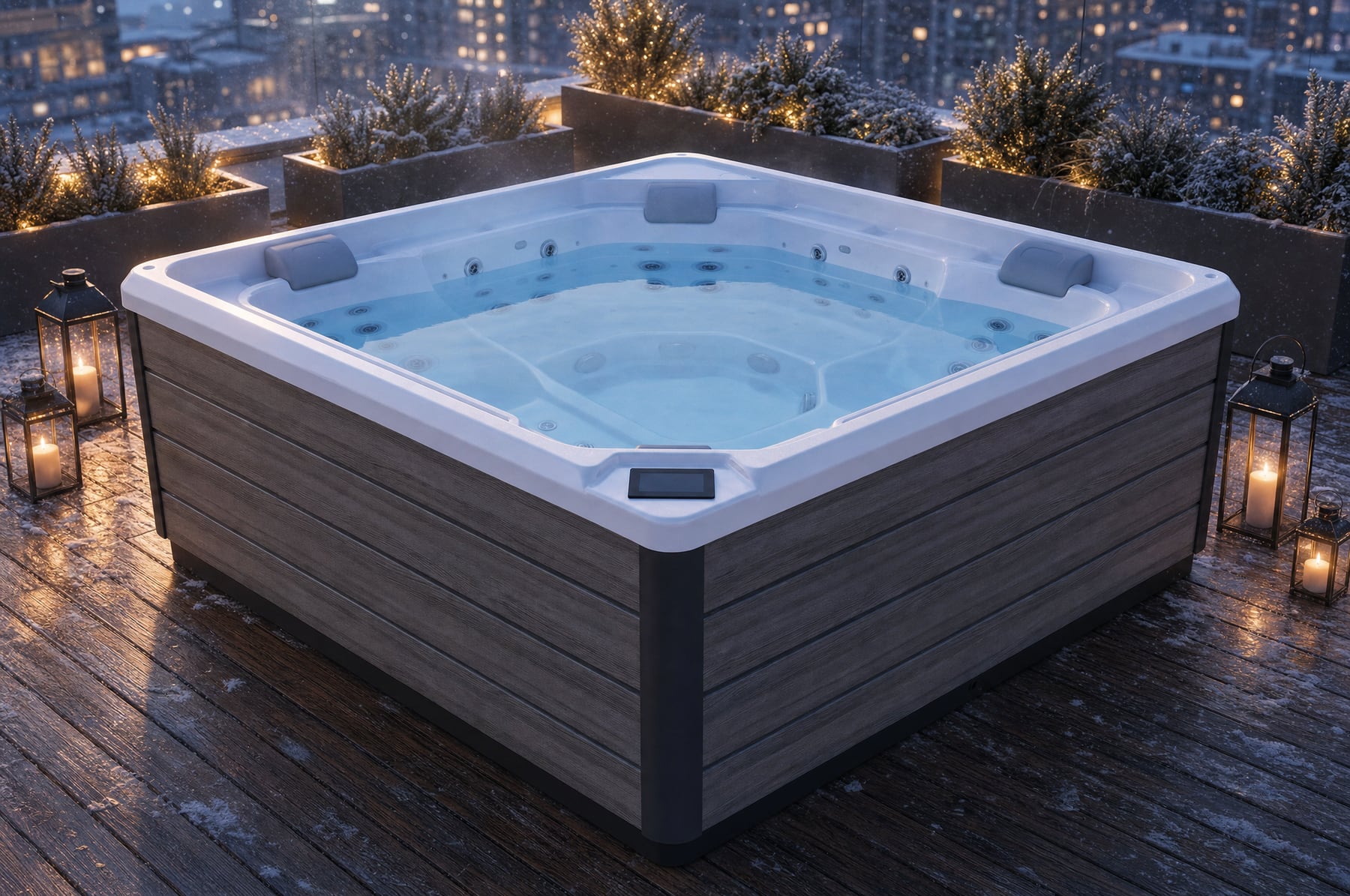 Wanna SPA Melibia Canadian Spa zimą — śnieg wokół i para nad wodą