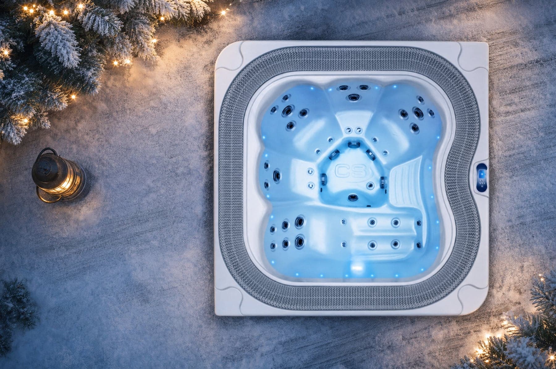 Wanna SPA Mola Canadian Spa zimą — śnieg wokół i para nad wodą