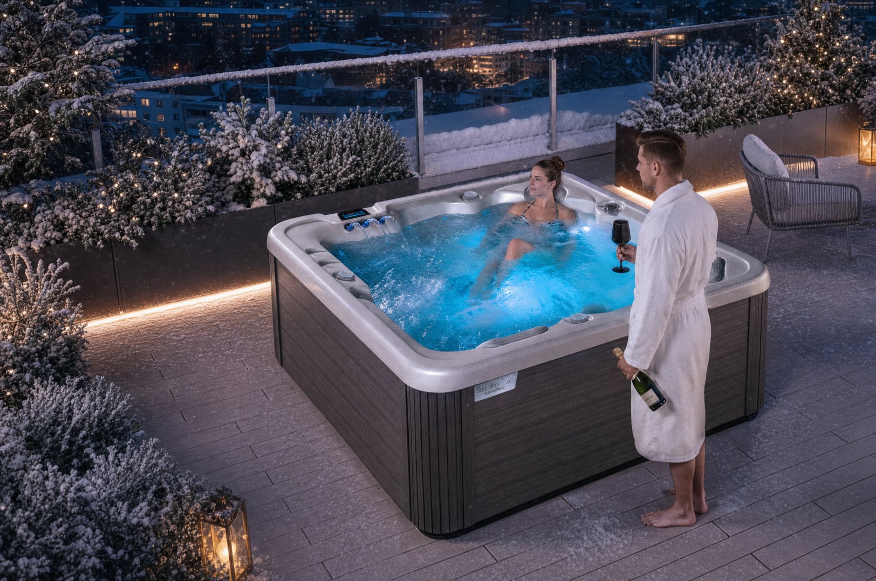Wanna SPA Nemo Triton Canadian Spa zimą — śnieg wokół i para nad wodą