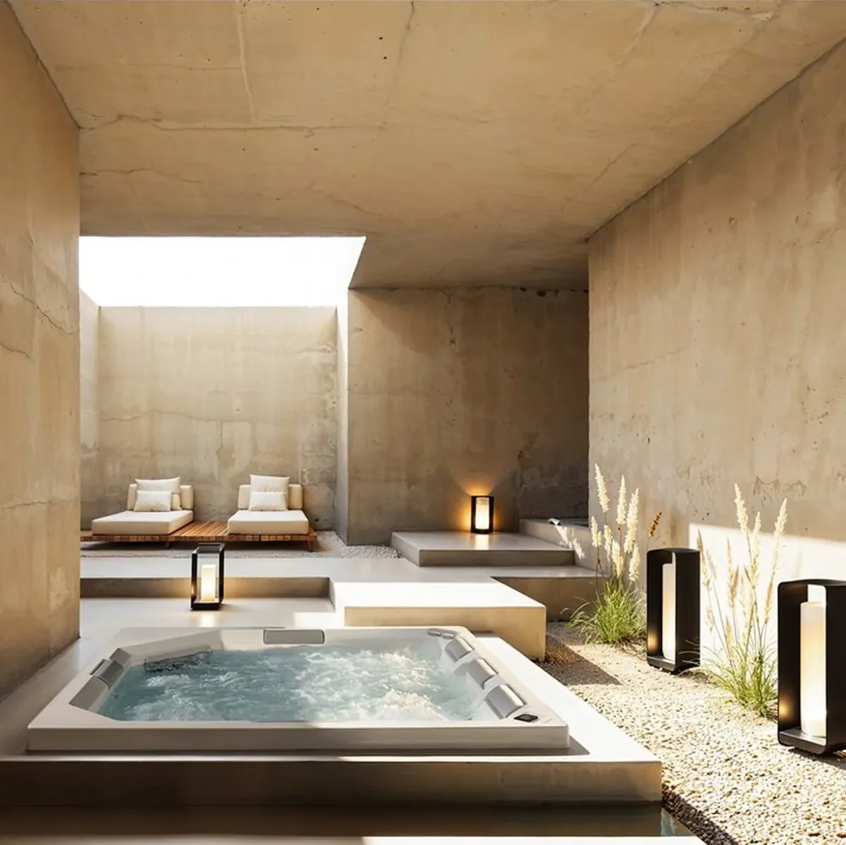 Treesse Aquadvance 225 — strefa wellness w betonowym wnętrzu