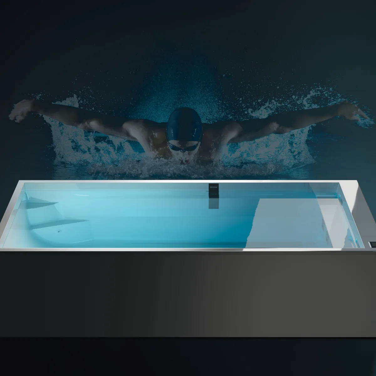Treesse Aquarun — swim spa z przeciwprądem, ujęcie z pływakiem