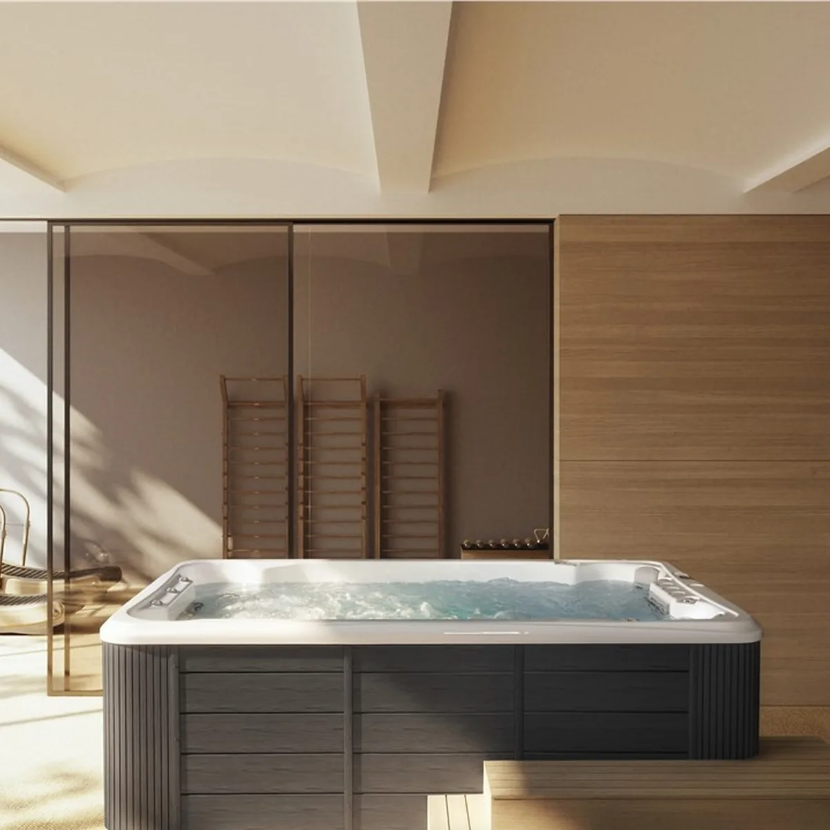 Treesse Forma 390 — swim spa w aranżacji wellness z drewnianą zabudową