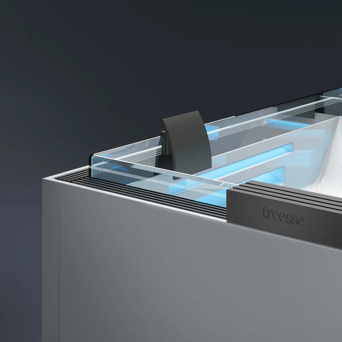 Treesse Ice — otwarta pokrywa z widocznym wnętrzem i oświetleniem LED
