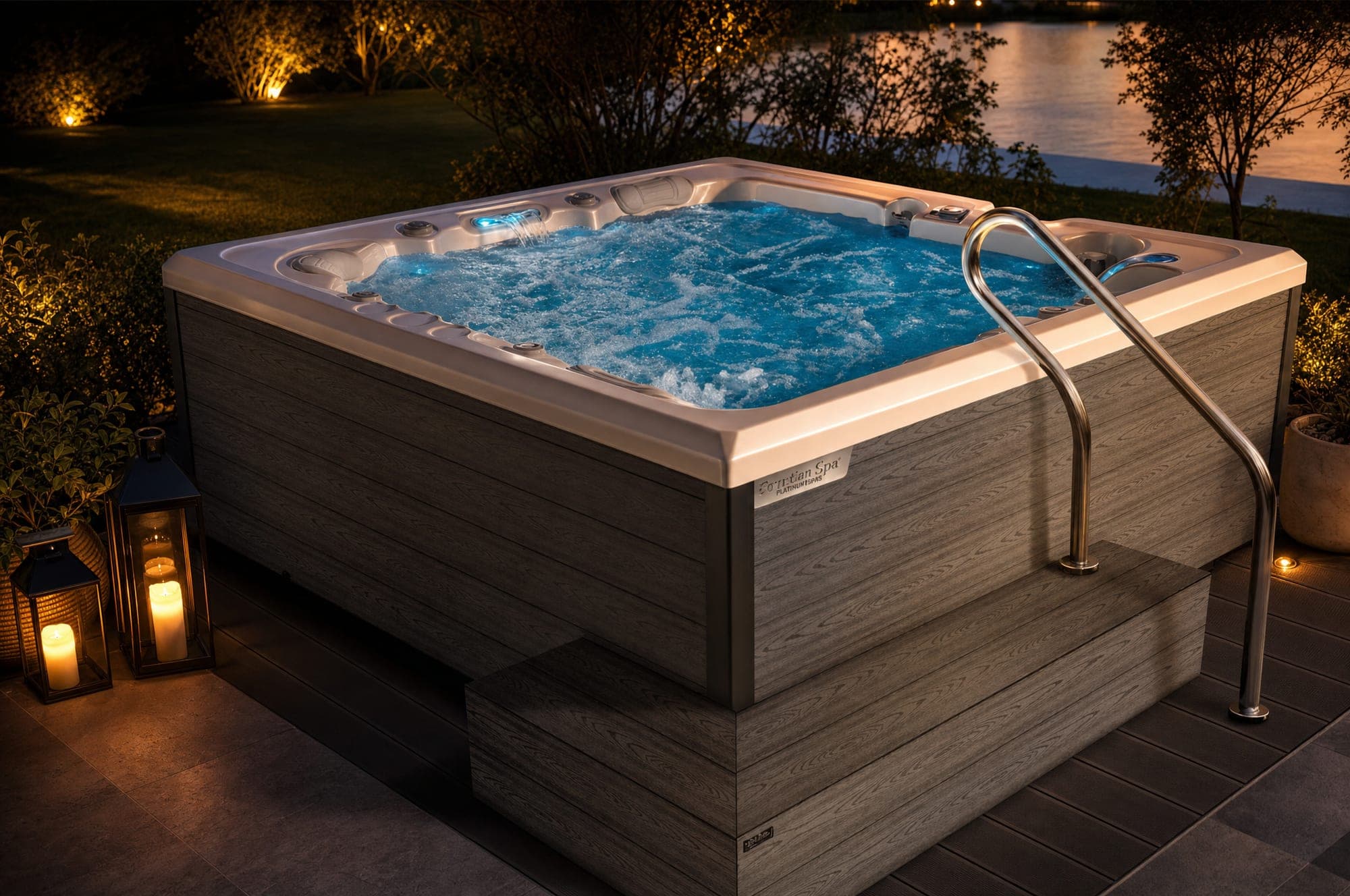 Wanna SPA Delphina Deluxe Geometric na tarasie o zmierzchu — biała niecka i obudowa w kolorze drewna