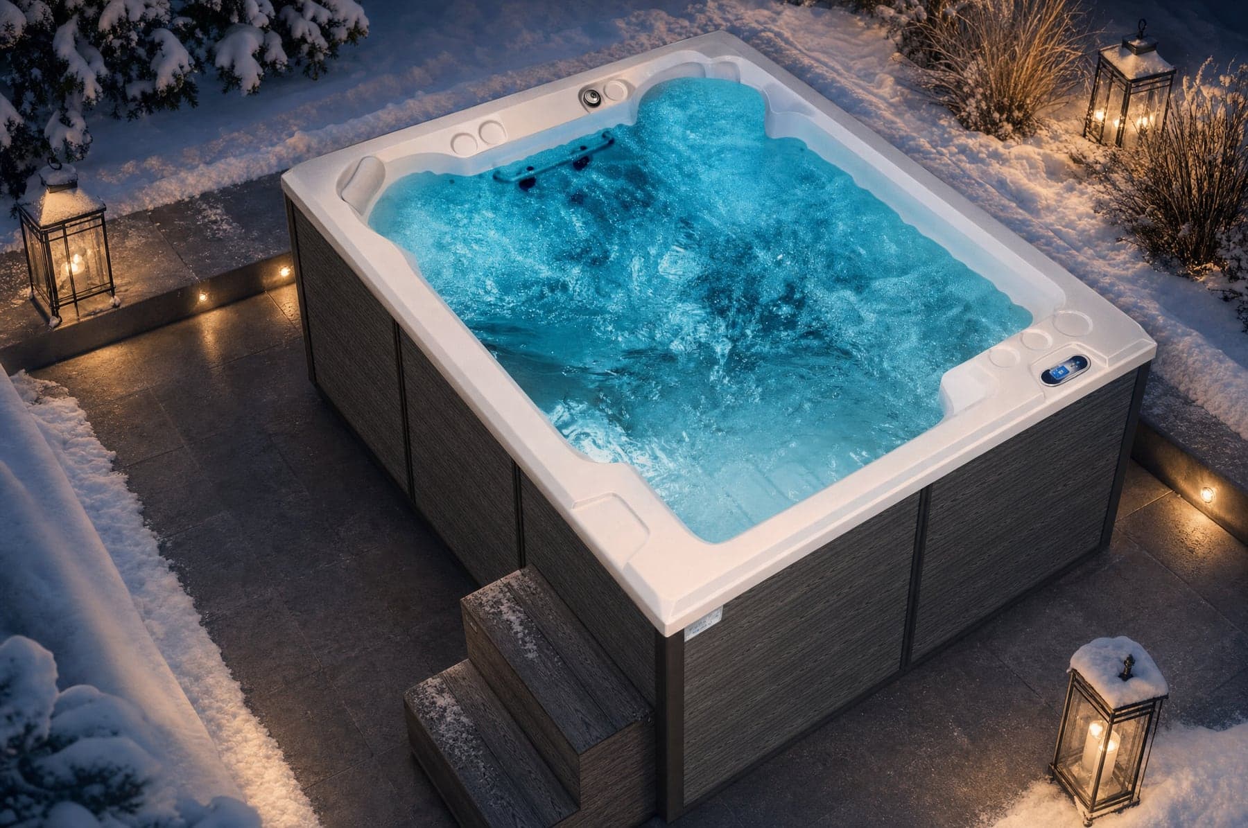 Swim spa Darling Pool Canadian Spa zimą — śnieg wokół i para nad wodą