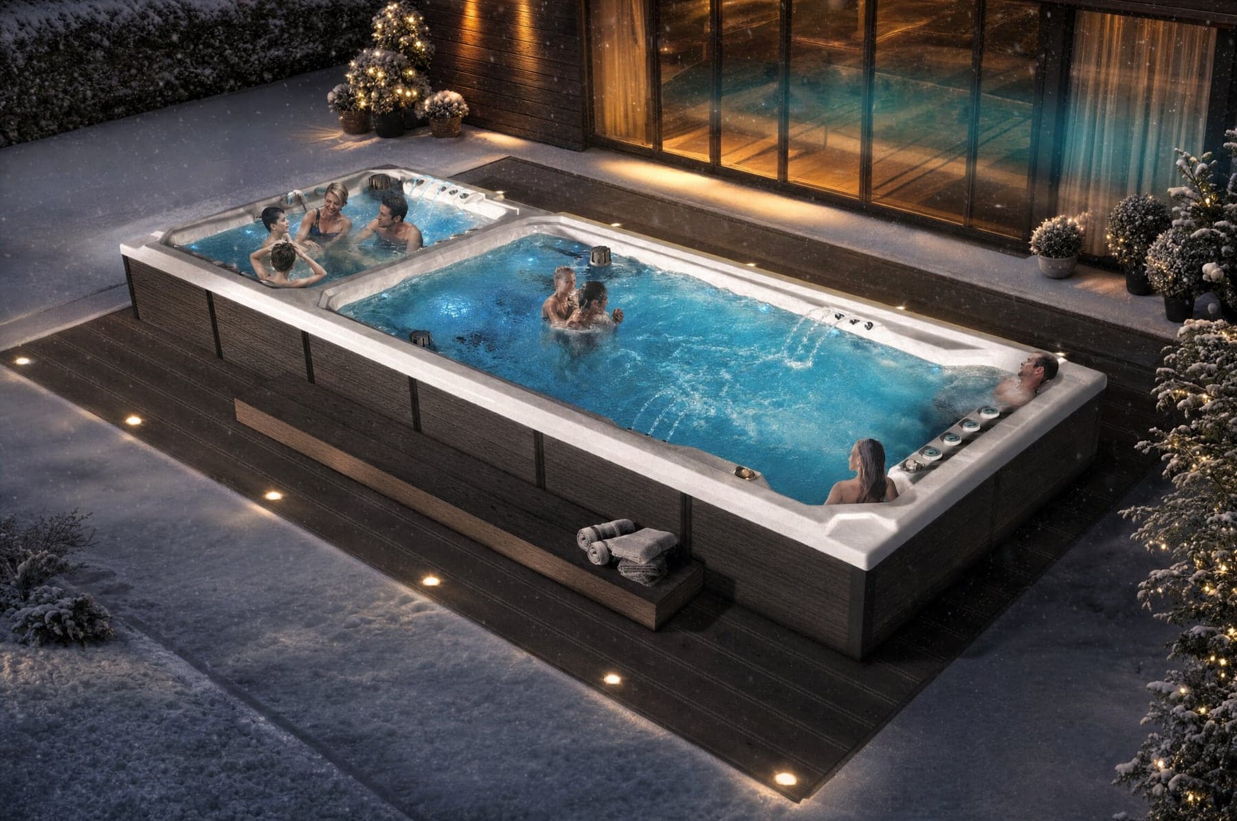 Swim spa Nautilus XL New Canadian Spa zimą — śnieg wokół i para nad wodą