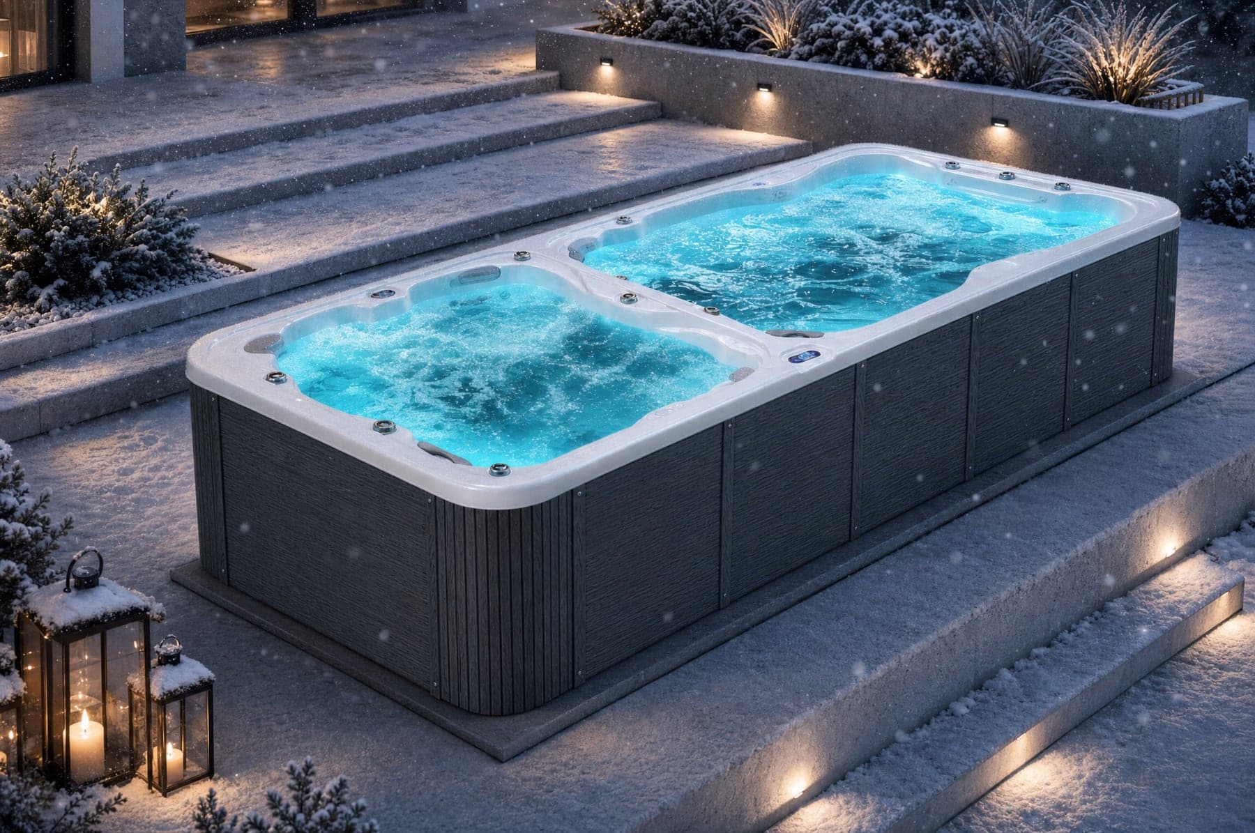 Swim spa Nautilus XXXL Canadian Spa zimą — śnieg wokół i para nad wodą