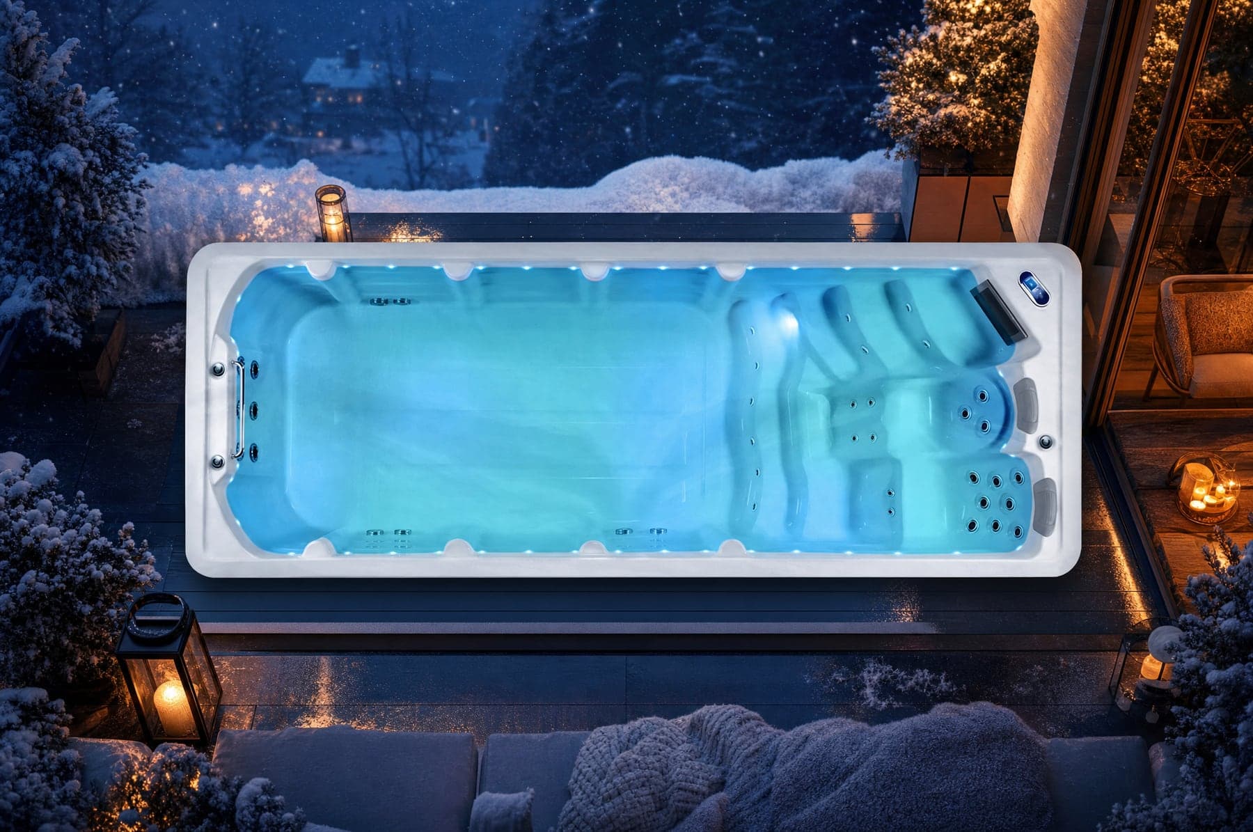 Swim spa Octopus II Canadian Spa zimą — śnieg wokół i para nad wodą