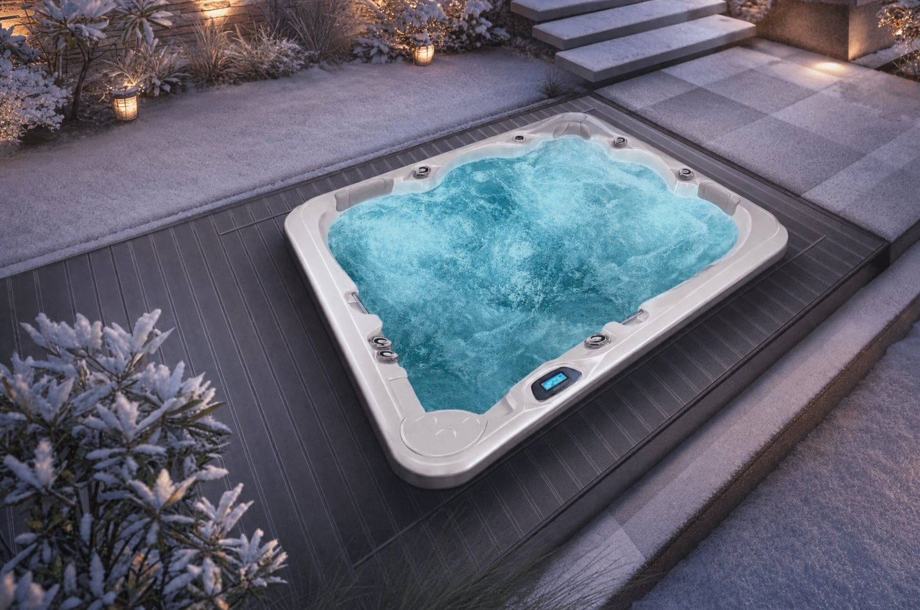 Wanna SPA Delphina 3 Generation Canadian Spa zimą — śnieg wokół i para nad wodą