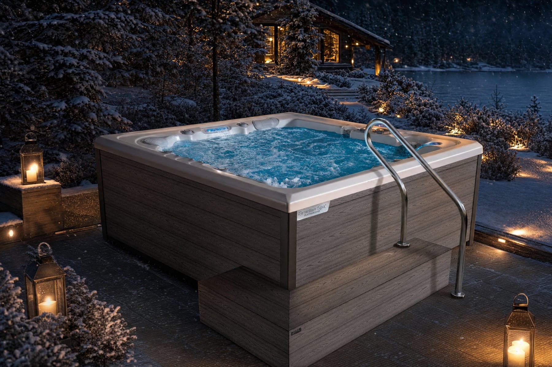 Wanna SPA Delphina Deluxe Geometric Canadian Spa zimą — śnieg wokół i para nad wodą