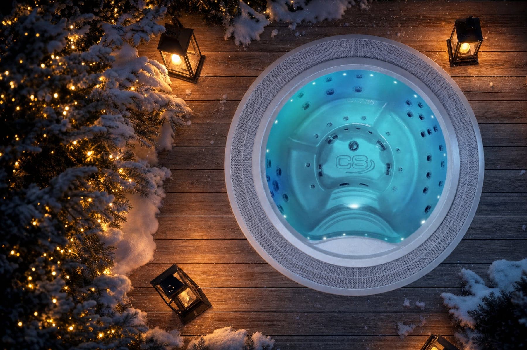 Wanna SPA Fugu Canadian Spa zimą — śnieg wokół i para nad wodą