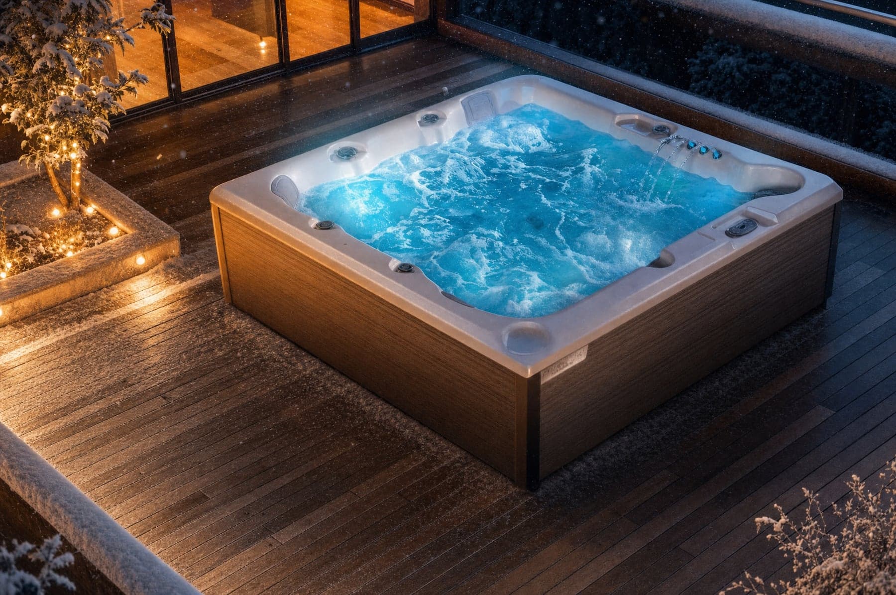 Wanna SPA Glacia Elite Canadian Spa zimą — śnieg wokół i para nad wodą