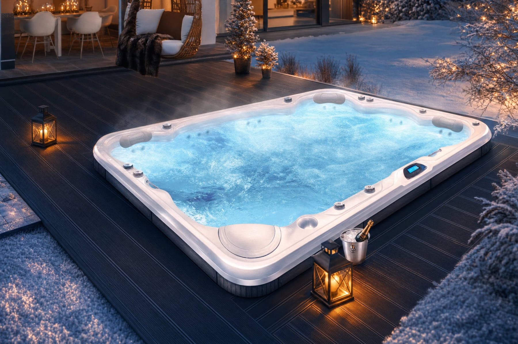 Wanna SPA Gladius New Canadian Spa zimą — śnieg wokół i para nad wodą