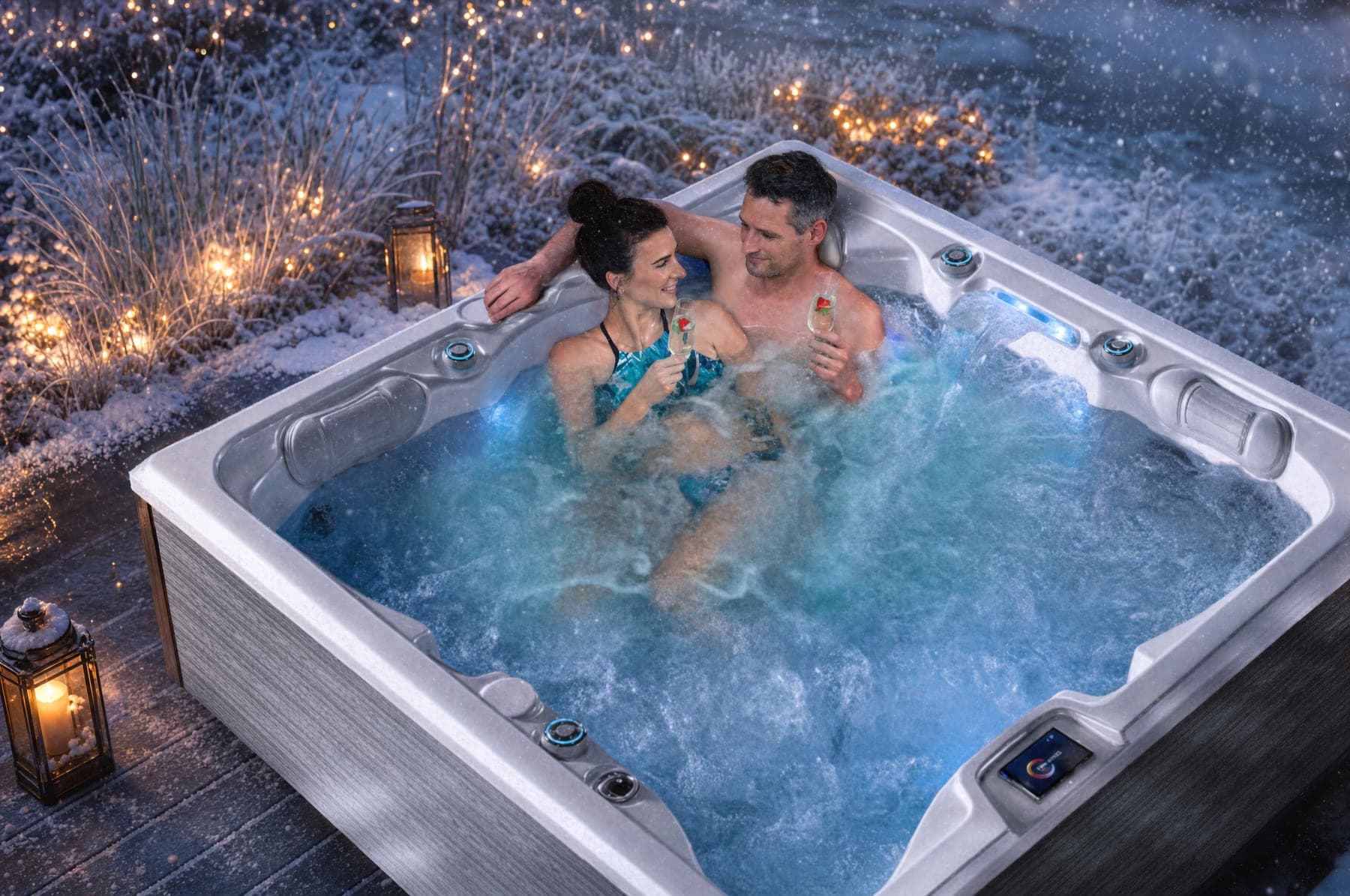 Wanna SPA Marlin Geometric Canadian Spa zimą — śnieg wokół i para nad wodą