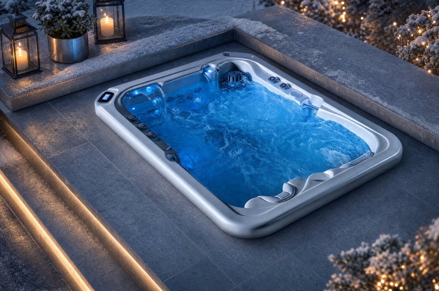 Wanna SPA Natura Canadian Spa zimą — śnieg wokół i para nad wodą