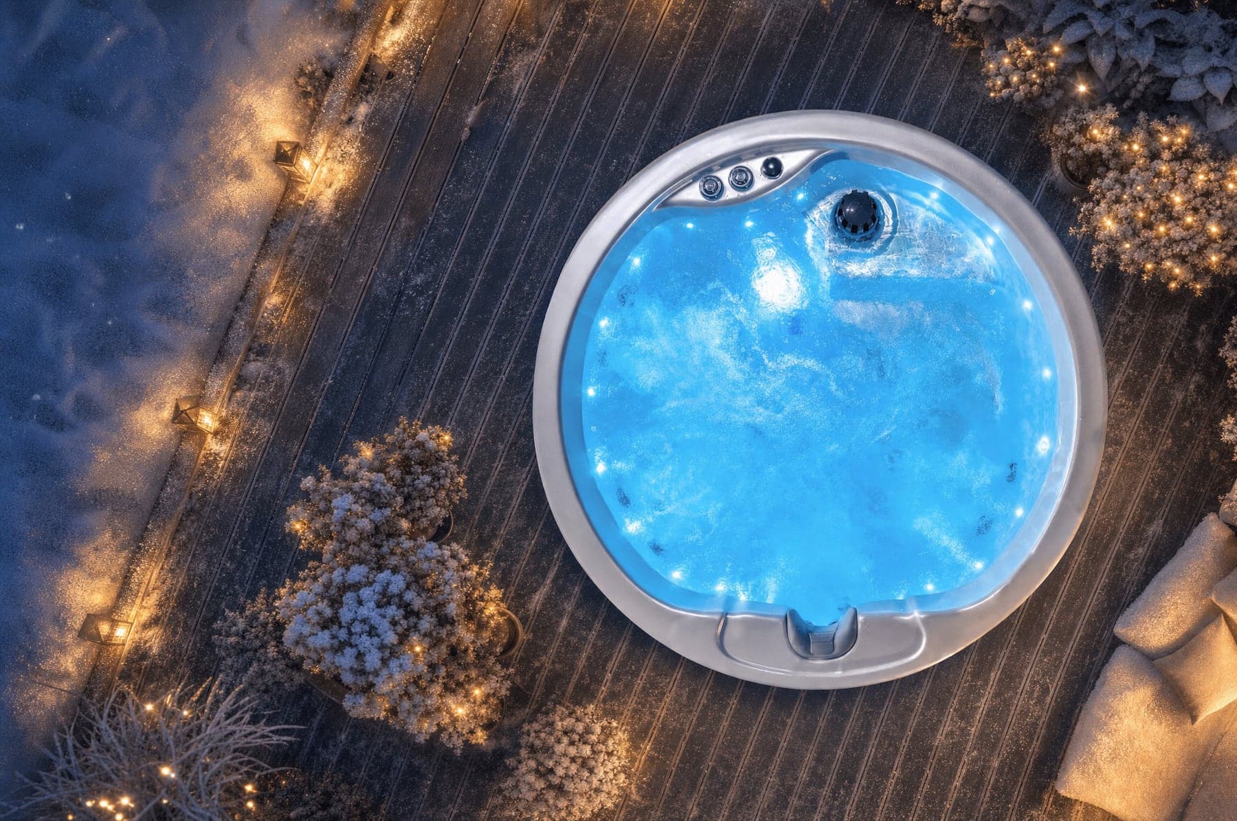 Wanna SPA Turtle Canadian Spa zimą — śnieg wokół i para nad wodą